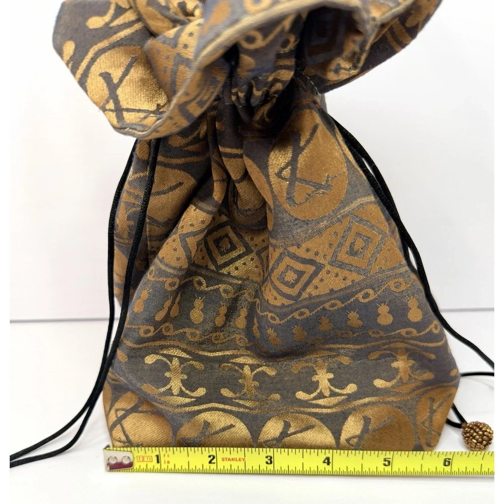 Vintage Gold Bronze Metallic Drawstring Pouch Handbag Geometric Evening Purse